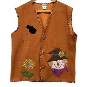 Collections Etc Womens M Fall Fleece Vest VTG Orange Scarecrow Sunflower Harvest